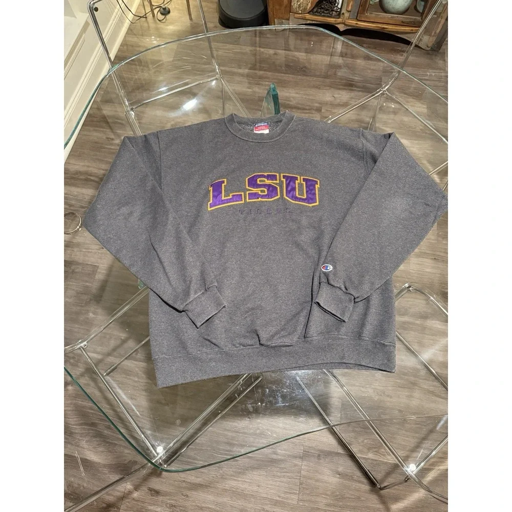 Vintage LSU Tigers Champion Men's Medium Pullover Sweatshirt Gray College Sz L